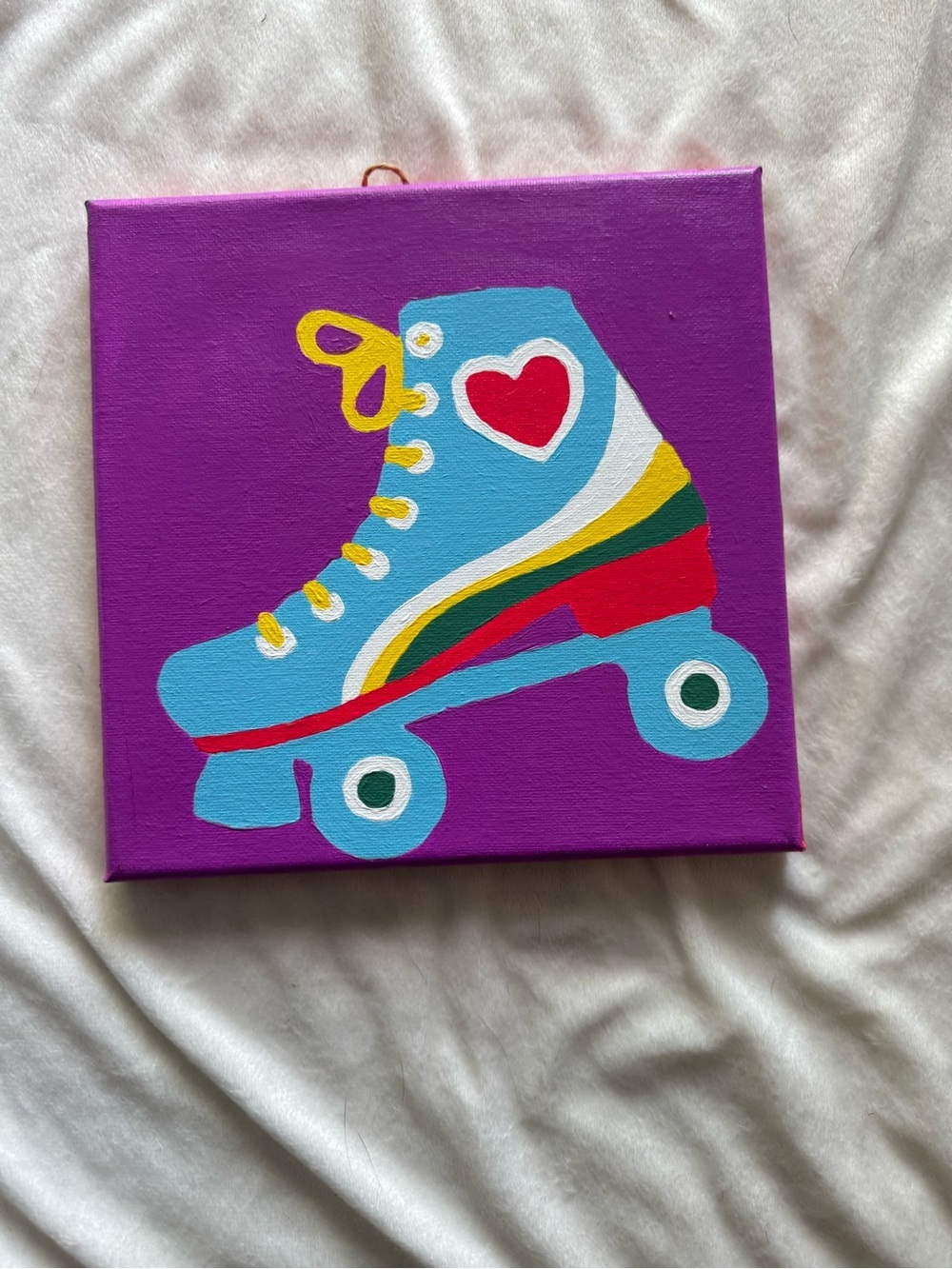 Bright Retro Roller Skate Canvas Art - Blue, Purple, Red 8 in by 8 in